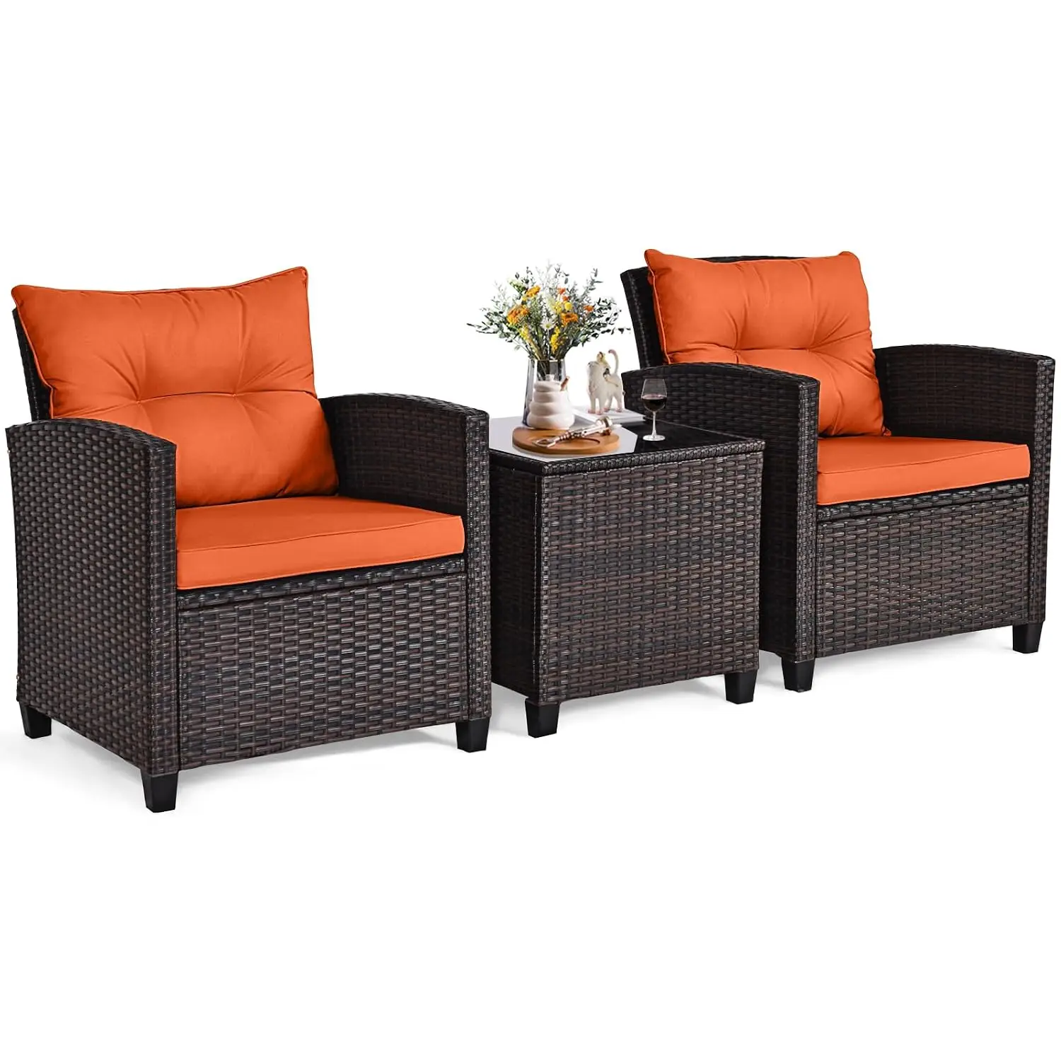 3 Pieces Patio Furniture Set, Outdoor Wicker Bistro Set (Orange) | Conversation Set, Rattan Chairs with Cushions,, Customized