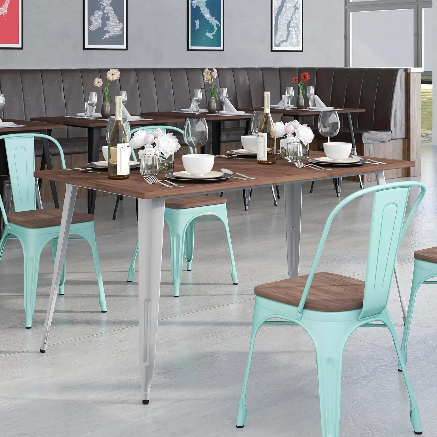 Indoor Metal Cafe Table 30.25" x 60" Rectangular Walnut Top Silver/Wood Dining Design