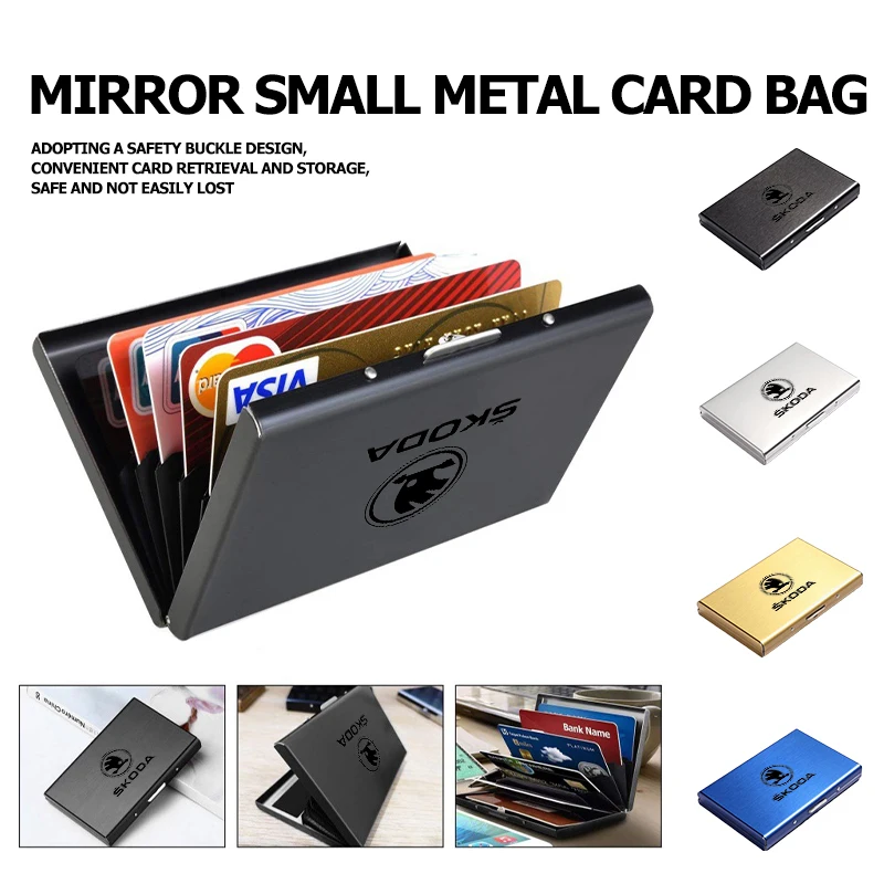 For Skoda Car Metal Thin Slim Credit Card Holder RFID Blocking Wallet Case Kamiq MK3 Roomster Rapid Kodiaq Karoq Fabia Enyaq