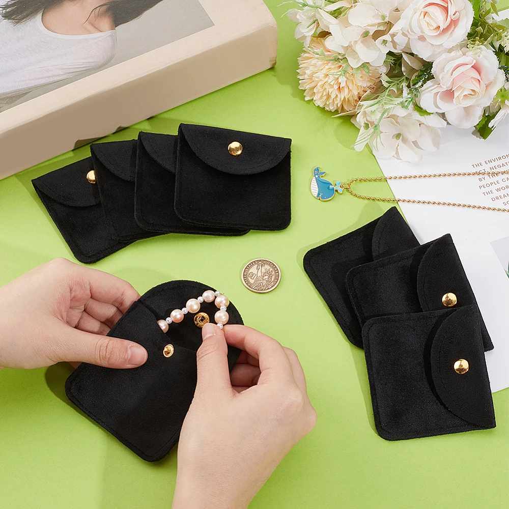 12Pcs Jewelry Pouches Soft Velvet Jewelry Pouches Black Rectangle Jewelry Gift Bags with Snap Button Portable Storage Bag