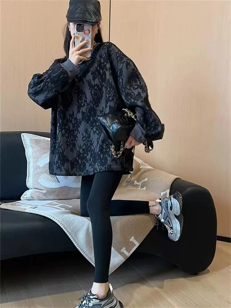 Felpa con cappuccio lunga Sve in pizzo retrò taglie forti 300 Pou Design unico Dstring da donna Unico piccolo irt coreano Sle rotondo Ne