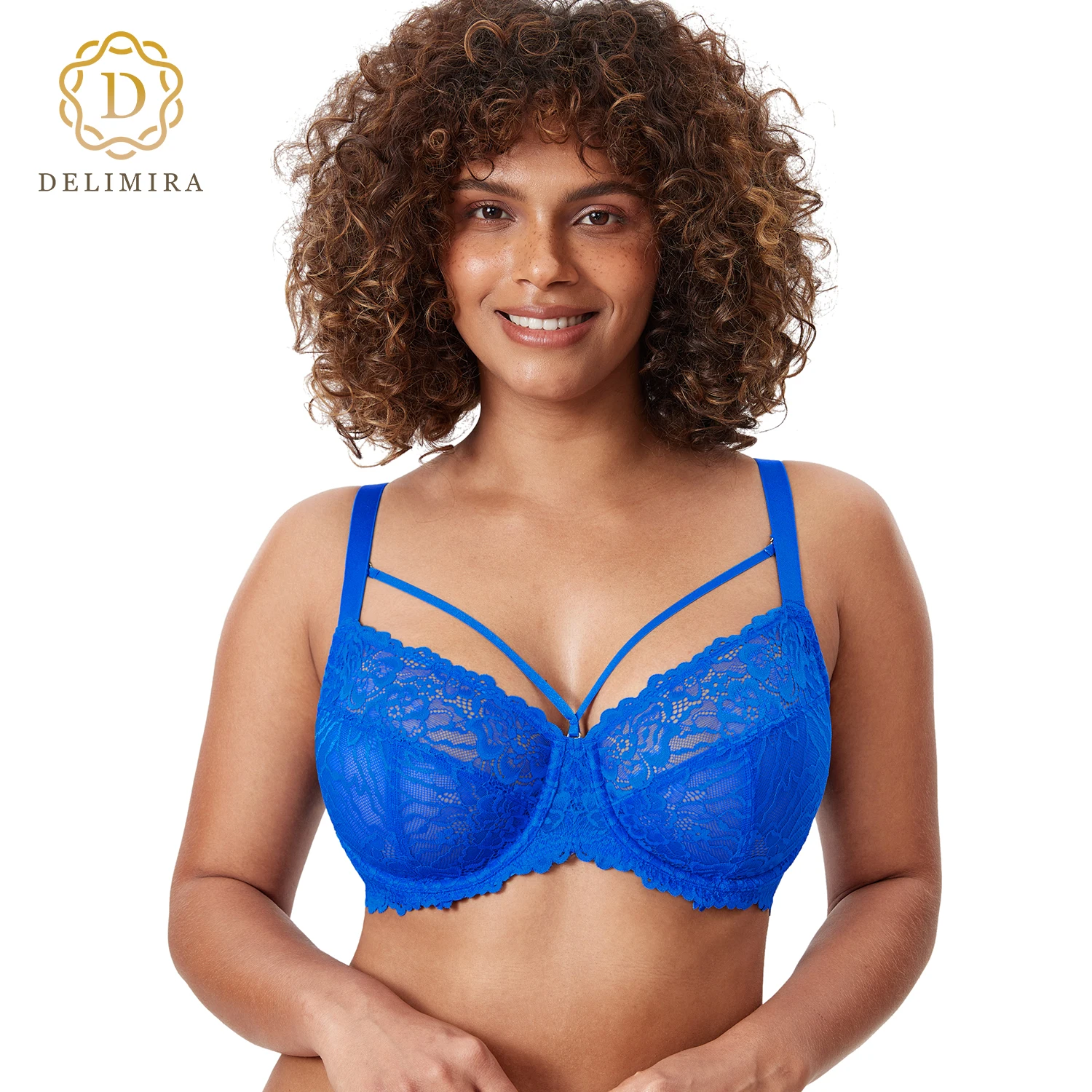 DELIMIRA Women\'s Plus Size Minimizer Bras Full Coverage Unlined Underwire Lace Bra Transparent B-K Cups