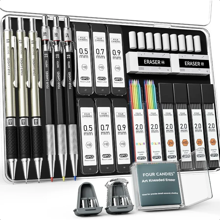 

25PCS Art Mechanical Pencil Set with Case 3PCS Metal Artist Lead Pencil 0.5 0.7 0.9 mm 3PCS 2mm Holder HB 2H 2B 4B Color with 4