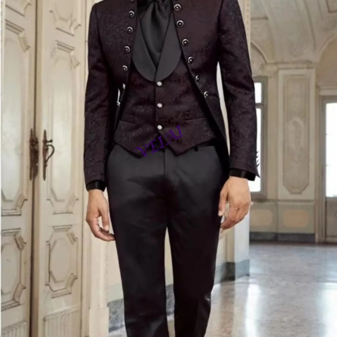 CustomizedMade Men's Black Jacquard 3-Piece Suit Single Button Peaked Lapel Formal Wedding Business Set Tailored Blazer Vest Pan