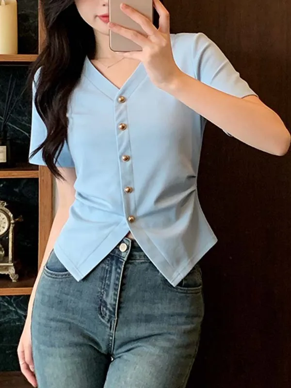 

plus Size Summer T-Shirt Women's New Style V-Neck Casual Loose Short Sleeve Asymmetrical Waist Cutout Breathable Korean Style