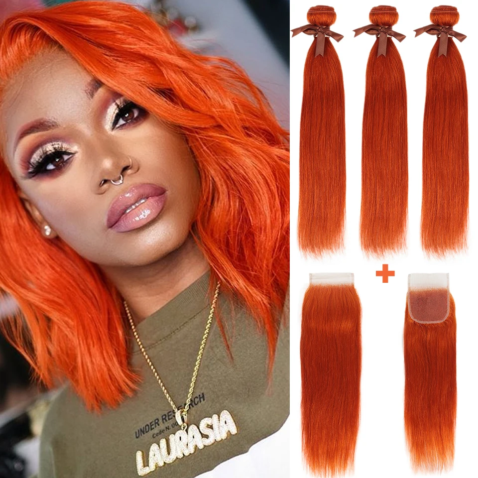 Remy Forte 613 Blonde Orange Bundles With Closure Straight Hair Bundles With Closure Brazilian Hair Weave Bundles 3 Bundles