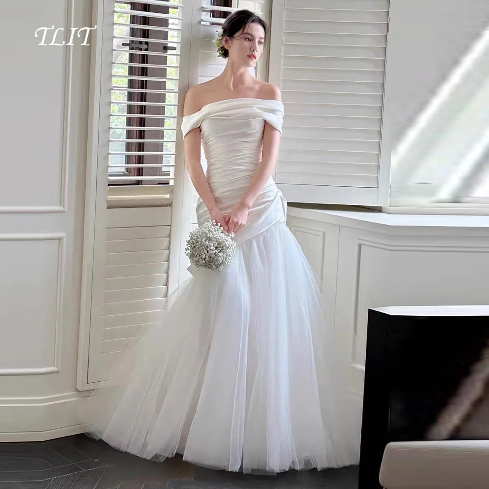 

TLIT Elegant Draped Satin Wedding Dress Off Shoulder Button Bridal Gown Korea Wedding Dress Photos Shoot Customized 웨딩드레스