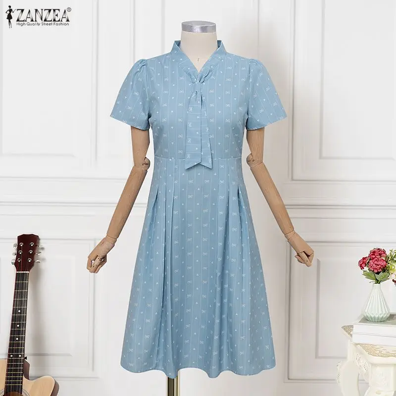 ZANZEA Work Vestidos Elegant Women Dresses Patchwork Collect Waist V-Neck Pleated Midi Sundress 2026 Casual Loose Robe Femme