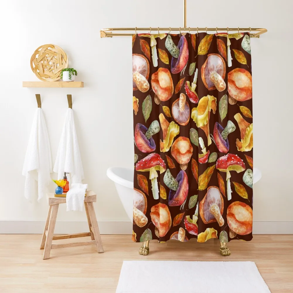 

Watercolor mushrooms and leaves pattern. Forest motif Shower Curtain Luxury Bathroom Bathroom Accessory Curtain