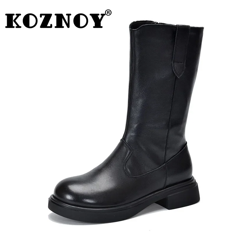 Koznoy 4cm Genuine Leather Microfiber Women Chunky Heels Chimney Autumn Winter Plush Fashion ZIP Knee High Booties Spring Shoes