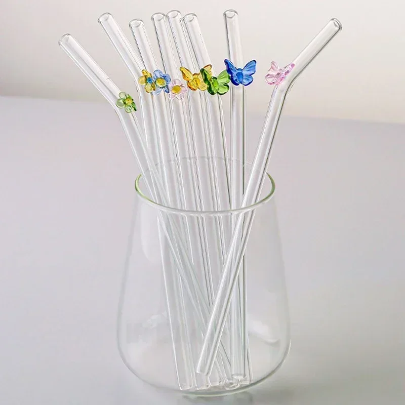 Reusable Drinking Glass Straw Cute Butterfly Flower Shape Straw for Smoothies Juice Milk Bar Accessories Theme Party Bar Tools