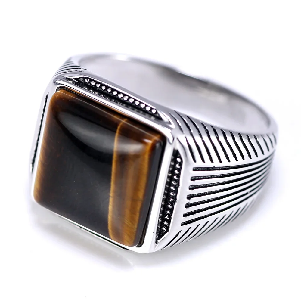 Authentic Sterling Silver 925 Man Ring With Tiger Eyes Fine Jewelry Stripe Pattern Natural Stone Cool Retro Punk Ringen