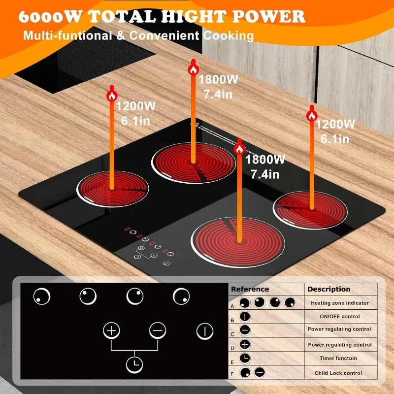 24 Inch Electric Cooktop,4-Burner Built-In Ceramic Stove Top with Child Lock for Family Kitchen, 6000W High Power, 9 Heating Lev