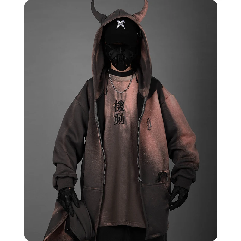 Unisex Sweatshirt Bullhorn Little Devil Hooded Sweater Cardigan Long-Sleeved Hoodies For Men\'S Clothing Harajuku Oversize Ropa