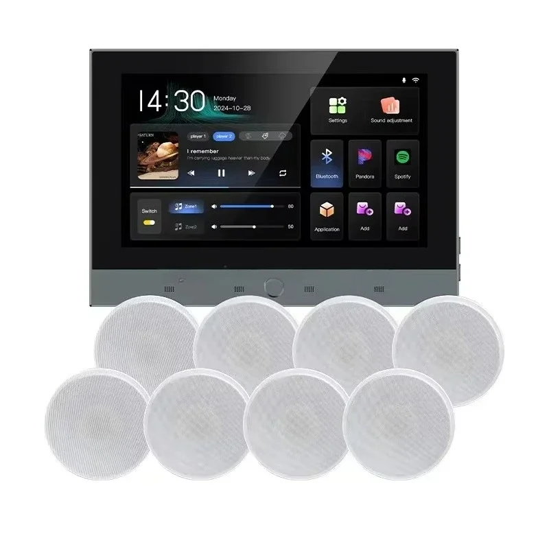 7 Inch Background Music Host Smart Home Audio Amplifiers Set WiFi 8*25W Blue-tooth Wall Amplifier Android for Ceiling Speaker