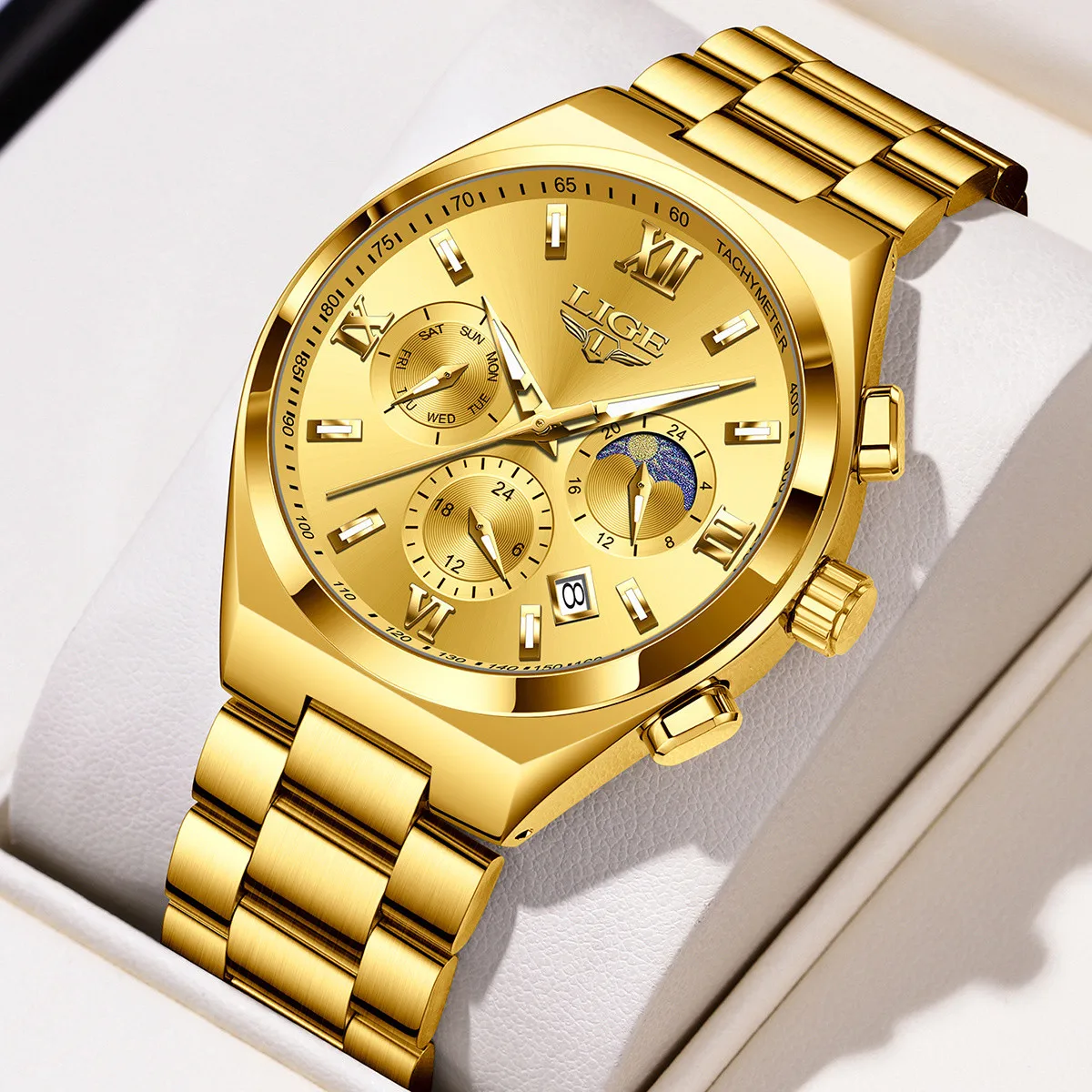 LIGE Luxury Man Watch Waterproof Calendar Business Quartz Wristwatch Fashion Moon Phase Gold Stainless Steel Men Watches Clock