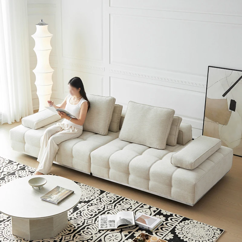 #Lawrence Large Flat Linen Cotton Fabric Three-Seat Sectional Sofa Straight Row for Living Room