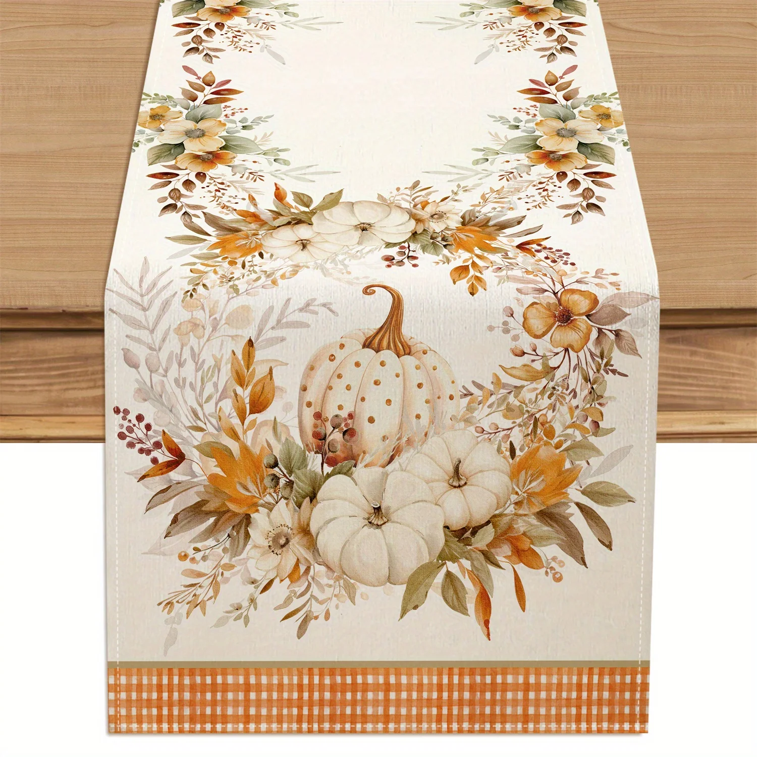 A Single Pumpkin Flower Garland Table Runner for Autumn, Perfect for Rustic Home Gatherings And Decorations.