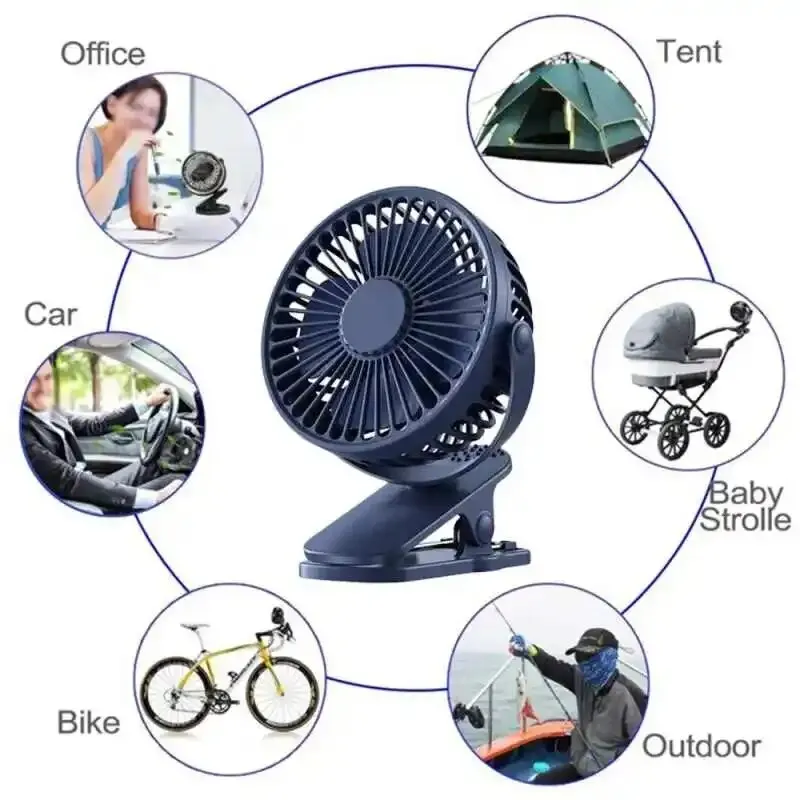 Portable USB Table Fan Clip-on Type 5000/10000mAh Rechargeable Mini Desk Fan 720 Degree Rotation 5 Speeds Adjustable Clip-on Fan