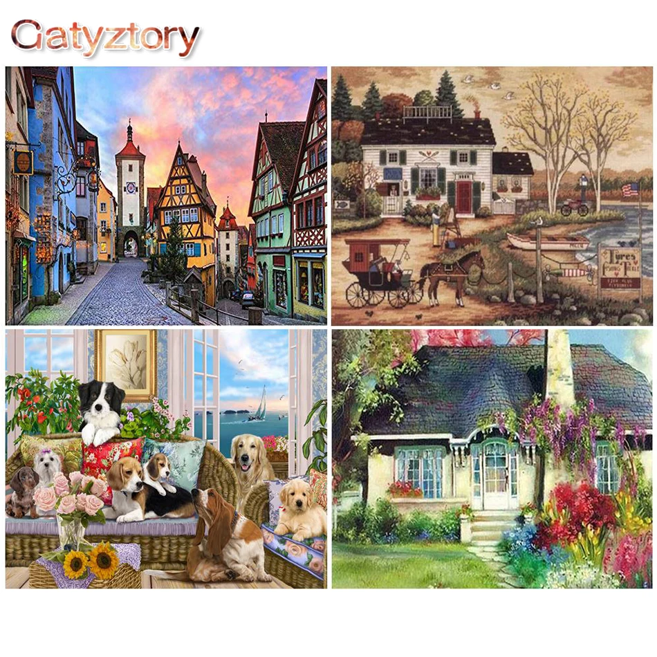 

GATYZTORY Painting By Number Town House Drawing On Canvas HandPainted Art Gift DIY Pictures By Number Landscape Kits Home Decor