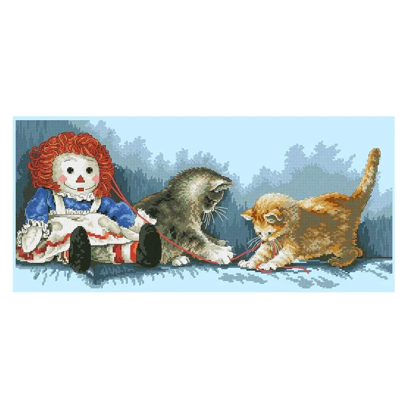 Amishop Top Quality Popular Lovely Counted Cross Stitch Kit Partners In Crime Two Cats Kitties Mouse Doll Dim 13709