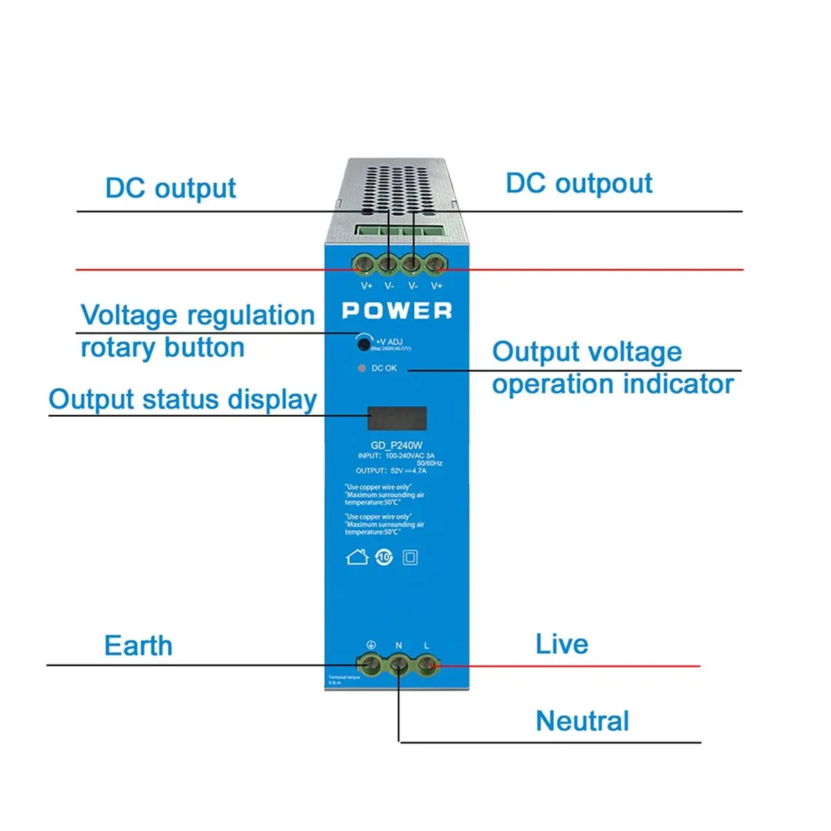 

(ABGQ) Промышленный блок питания на DIN-рейку 240 Вт, AC-DC, AC100‑240V