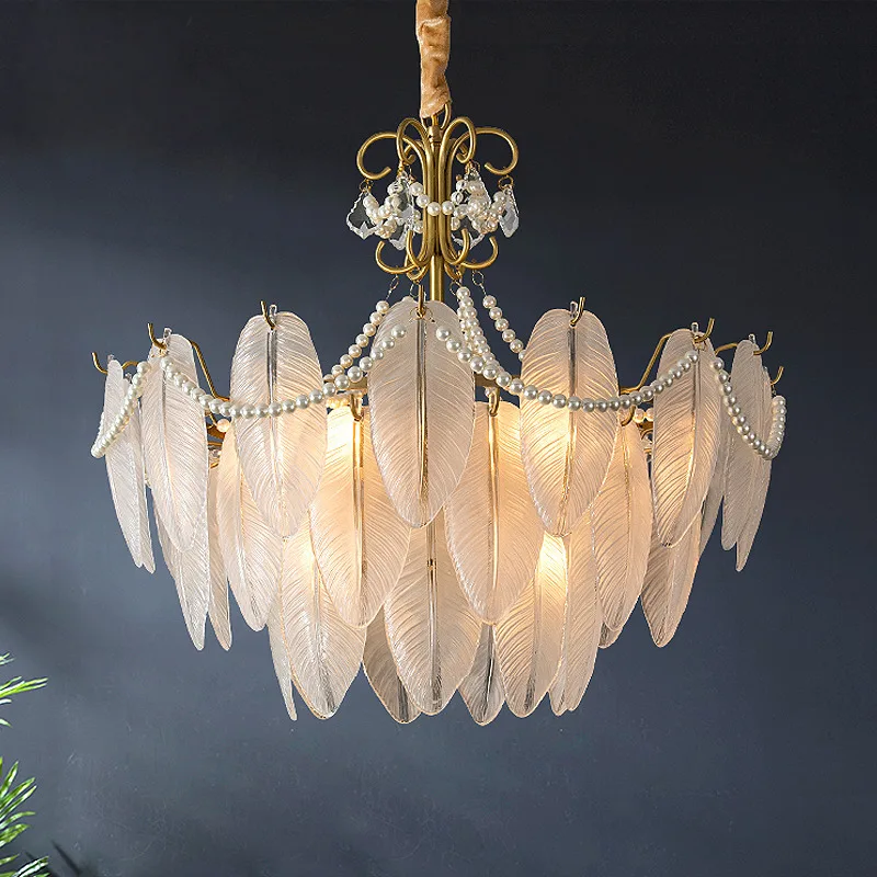 Cross-border French light luxury bedroom chandelier, Internet celebrity warm princess room, personalized design, leaf feathers
