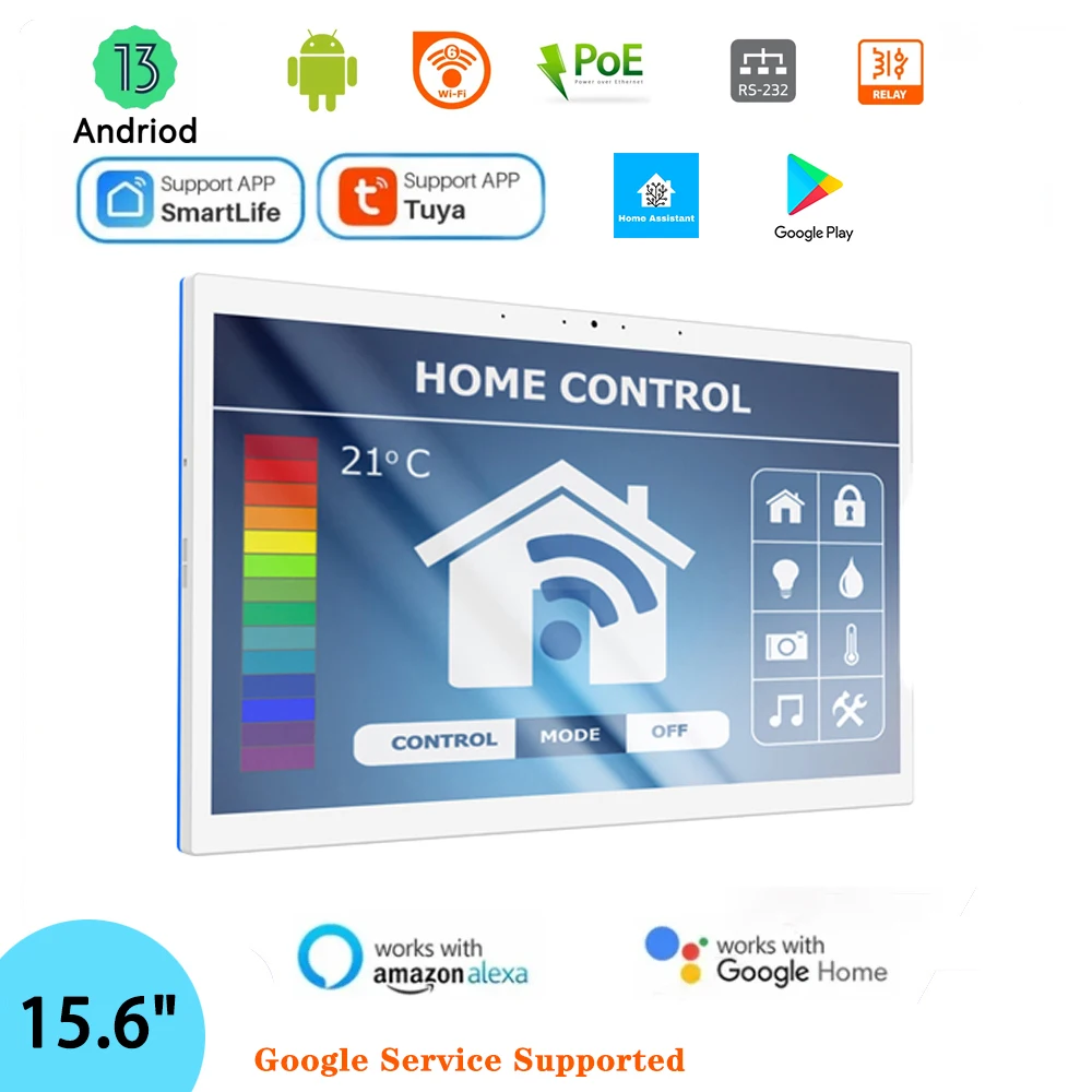 15.6 Inch Android 13 POE Tablet inwall Smart Home Control Panel RK3566 4G+32G,Four-side LED Lights,Zigbee,Relay, RS232, RS485