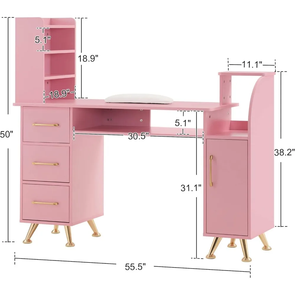 Manicure Table Makeup Dressing Station Nail Desk with Wrist Cushion Beauty Workstation Salon Storage Equipment (Pink)