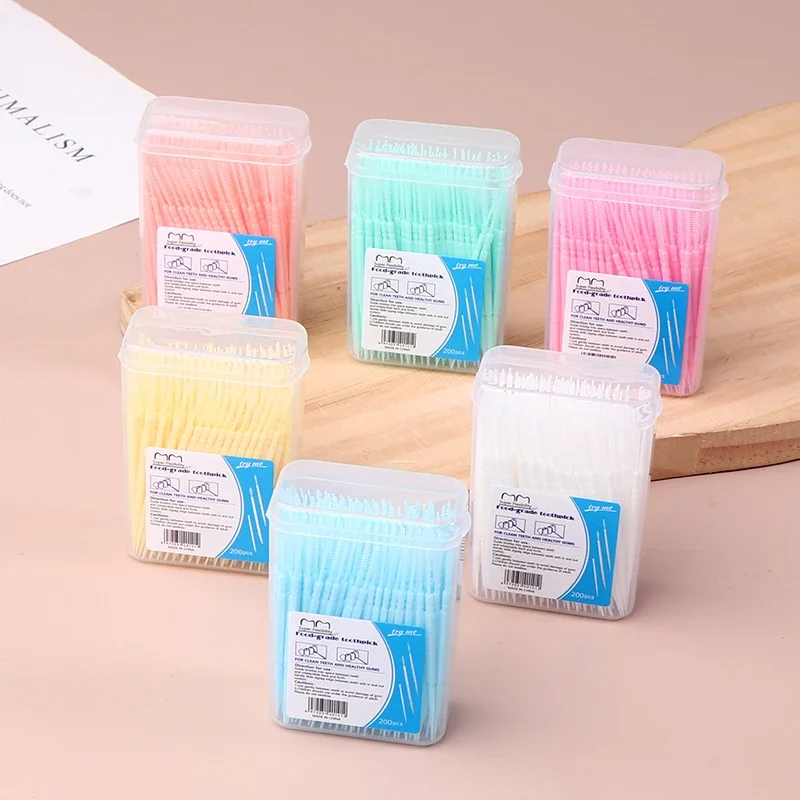 

200 Boxed Plastic Toothpicks Disposable Household Bulk Interdental Brush Toothpick Line