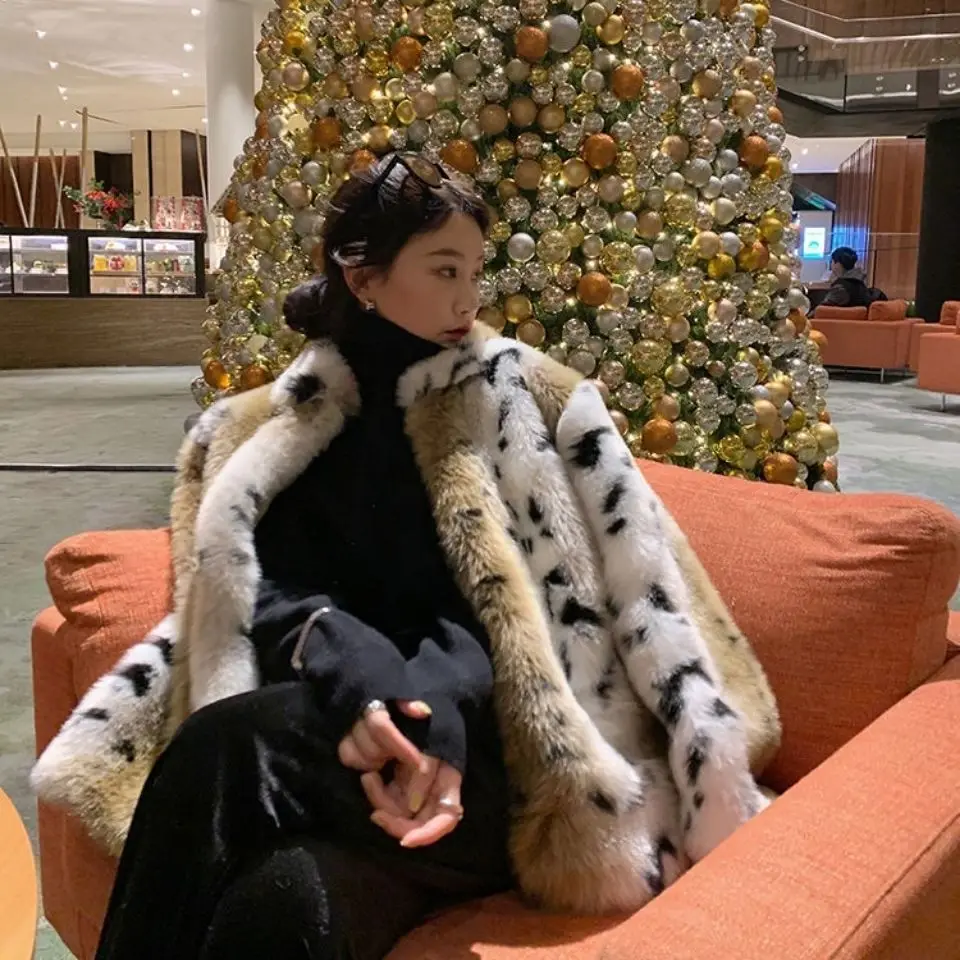 Luxury Faux Mink Fur Leopard Bomber Jacket Thick Gradient Imitation Fox Fur Dots Printed Coat Furry Cardigan Parka Tops Abrigos