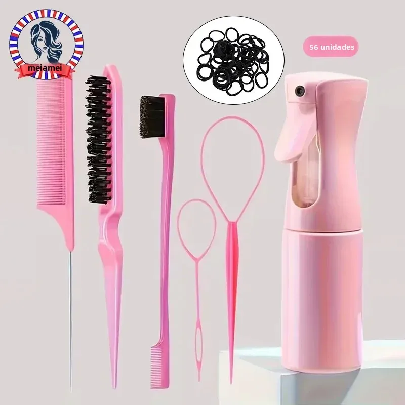 Conjunto de Ferramentas para Estilização de Cabelo com 56 Peças: Borrifador, Escovas de Cabelo, Elásticos, Pente Fino e Escova de Acabamento para Mulheres e Meninas