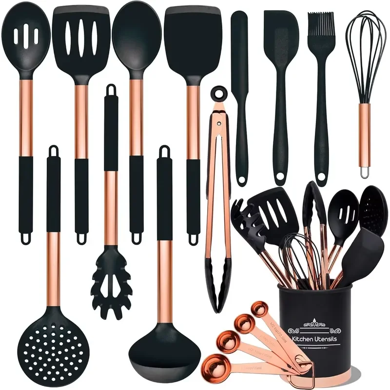 17Pcs Silicone Kitchen Utensil Set Heat Resistant Non Stick Cooking Tools with Rose Gold Handles for Home Cooking Baking