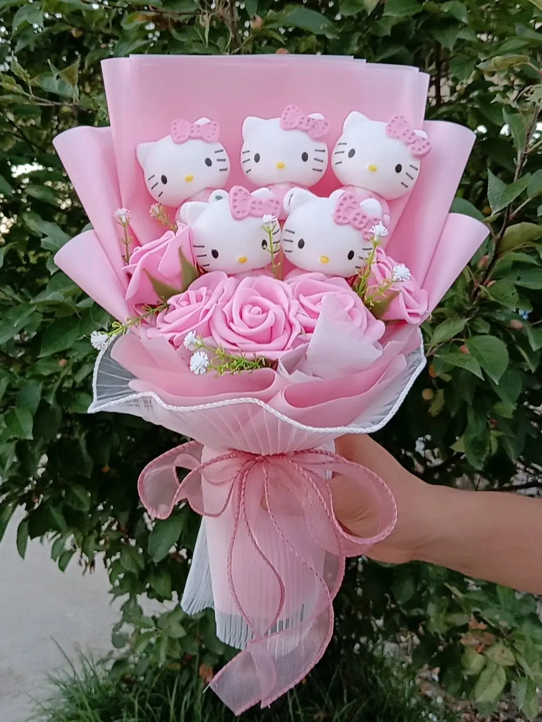 Bukiet Pluszaków Hello Kitty z Różą Kawaii Anime Puszysta Wypchana Lalka Pluszowa Prezent na Boże Narodzenie Walentynki Święta Urodziny — 2