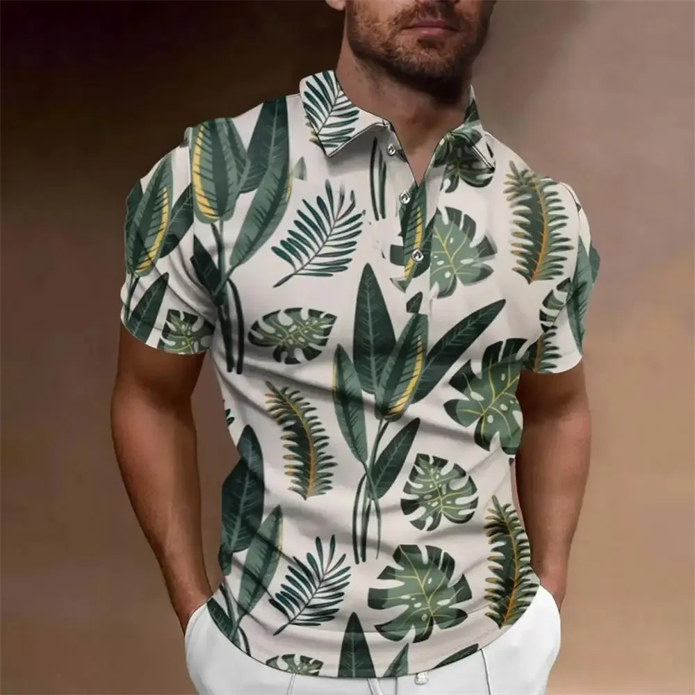 Camisa polo de manga curta de lapela grande para homens, tops estampados de coqueiro, camisa havaiana casual, roupas de viagem ao ar livre, nova