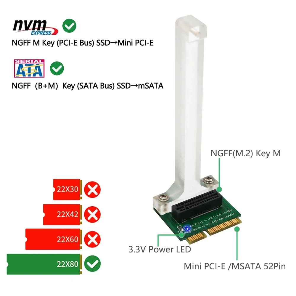 

M2 SSD Adapter M Key M.2 PCI-E for NVME to Mini PCI-E Card or B+M Key M.2 for NGFF SATA-Bus SSD to mSATA Card Converter Adapter