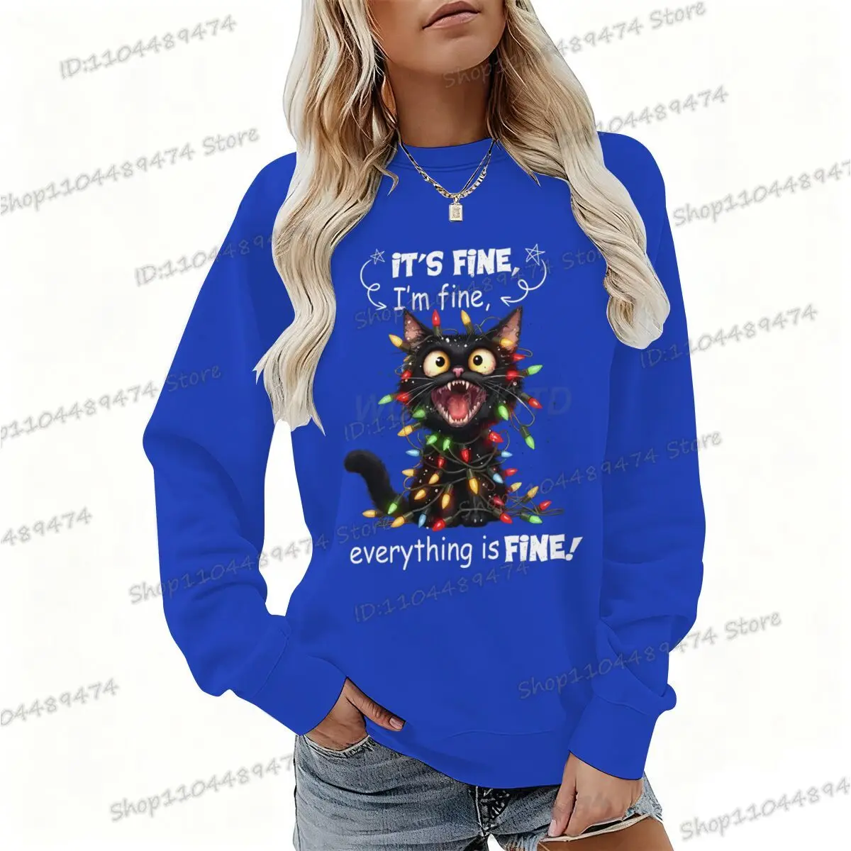 إنه جيد أنا بخير كل شيء جيد عيد الميلاد البلوز الرجال النساء الصوف مضحك القط البلوز عيد الميلاد Y2K سوداديرا بلوزات