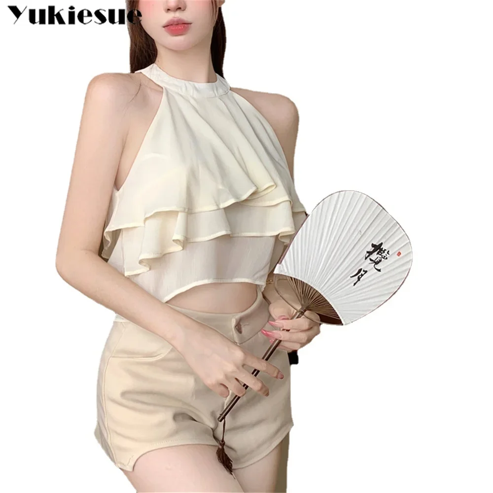 

Шифоновая блузка без рукавов с открытыми плечами и оборками, женская летняя однотонная рубашка с лямкой на шее и воротником-стойкой, корейский шикарный сладкий дизайн, однотонные топы