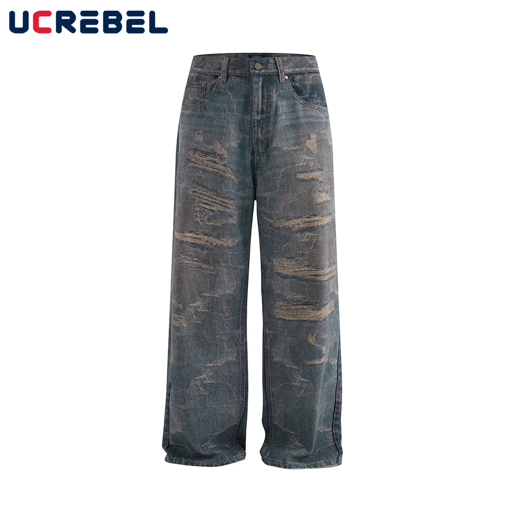 

Retro Print Jeans Mens Pocket High Street Washed Distressed Baggy Wide Leg Straight Denim Pants Man