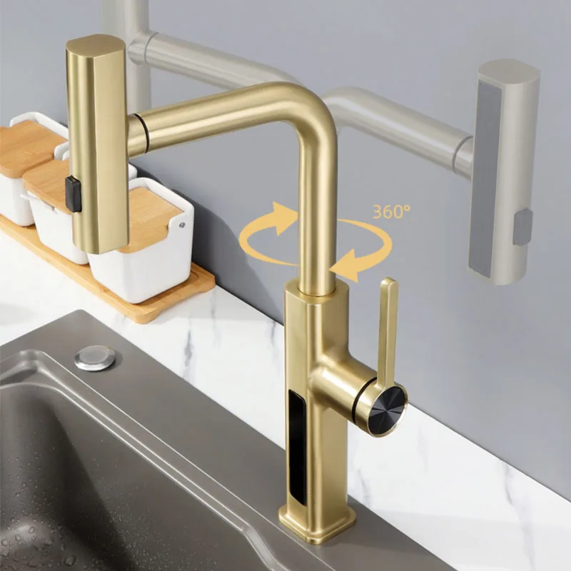 Kitchen Flying Rain Faucet Sink Pull Out Down Shower Head Tap Deck Mount Hot Cold Mixer LED Digital Copper 360 Rotation Crane