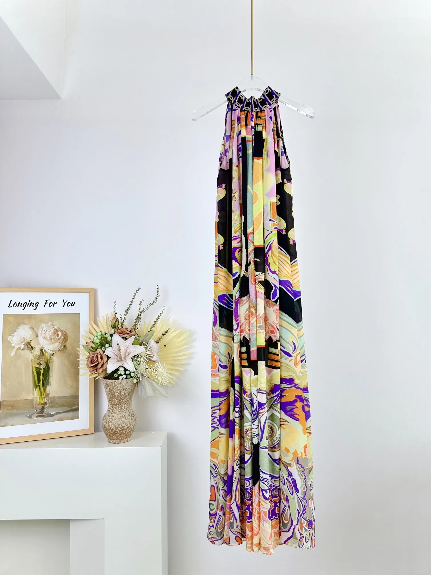 Women Flower Printed Silk Robe Lace-up Halter Neck Sleeveless Elegant Maxi Dress