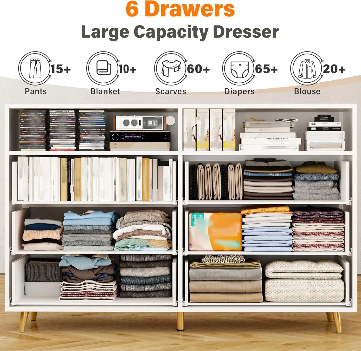 Commode à 6 tiroirs pour chambre à coucher Commode moderne blanche avec lumières LED, grand meuble TV, couloir, 47,3' L x 39,4' H x 15,8' D