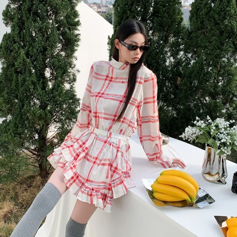 Women's retro red checkered irregular low waist fashionable high-end design sense girl's shirt mini dress 2025