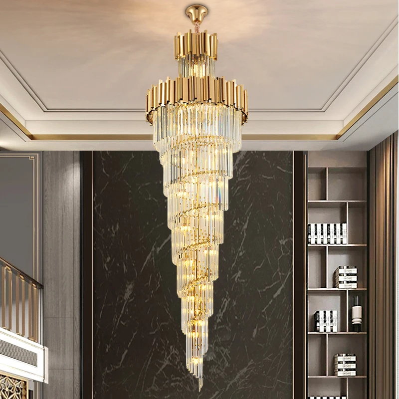 Hotel Theater Villa Large Chandelier Lighting Luxury Stainless Steel Multi-layer Top Long Crystal Lamp Living Room Lustres