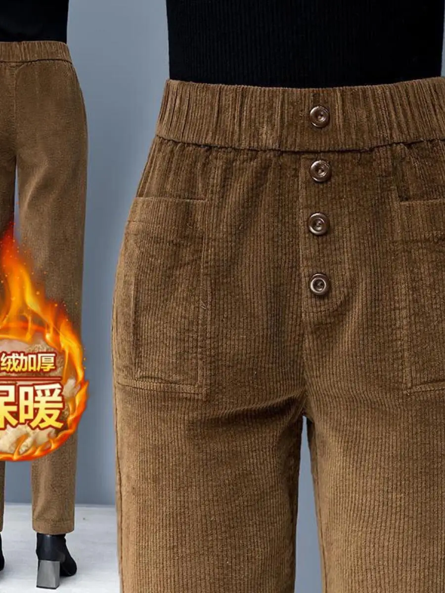 レディースコーデュロイパンツ-2025秋冬新作-スリムハーランパンツ-ゴムウエスト-キャロットパンツ-ハンカチ柄