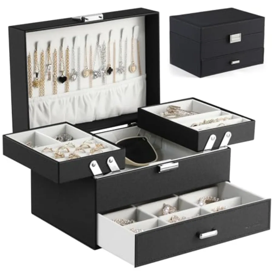 Jewelry Organizer Box, Large Jewelry Boxes for Women Girls, Space-Saving 3 Layers Jewelry Storage Case with Drawer, Movable Met