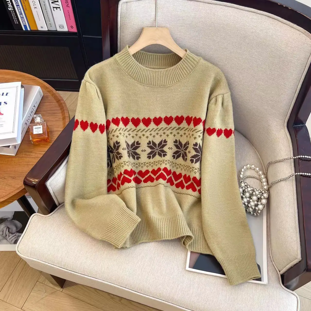 Korean Round Neck Heart-shaped Geometric Knit Sweater Autumn and Winter New Alpaca Wool Snowflake Sweater Pullover Top Top Women