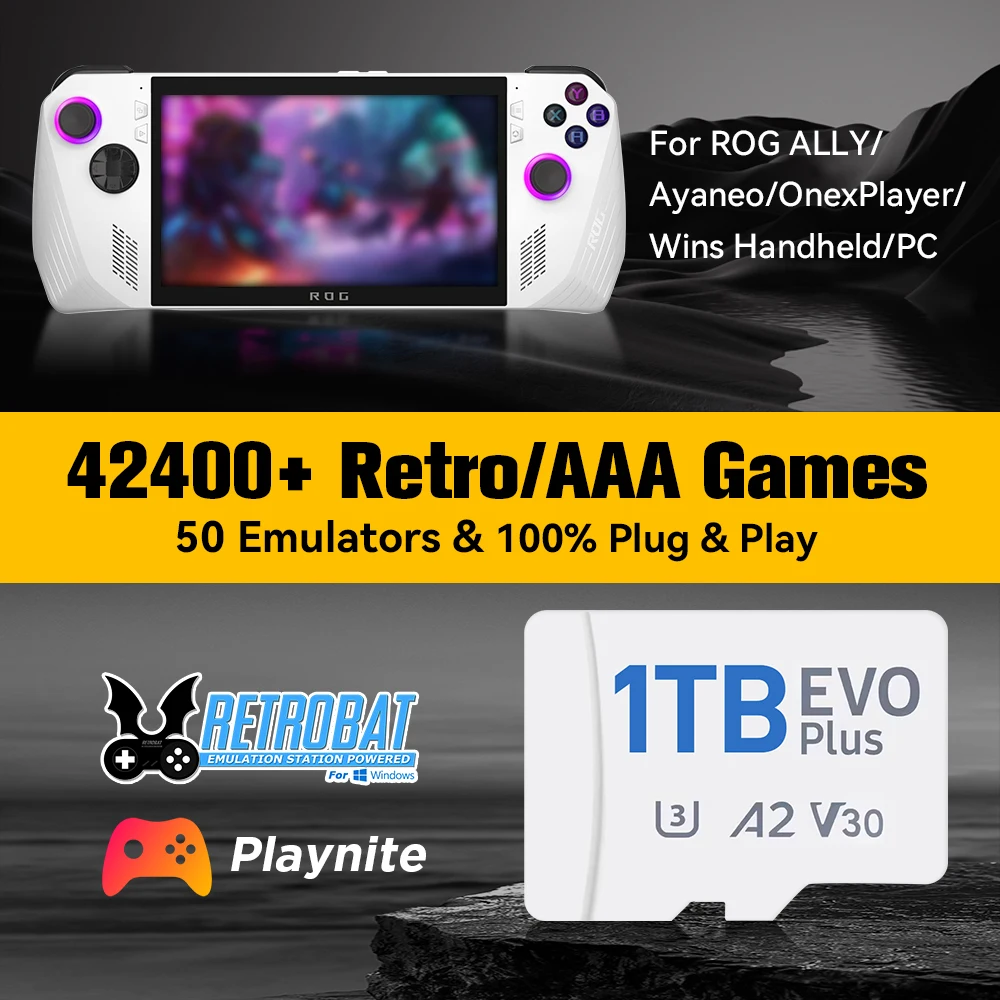 1TB Game Card With 50 Emulator For N64/Switch/MAME/PSP/PS3/PS2 Retrobat&Playnite OS TF Card For ROG Ally/Win PC With 42400 Games