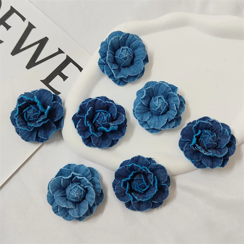 10PCS Blue Vintage Denim Camellia Stylized Flower Handmade Flower Accessories DIY Hair Decoration Clothing Decorative Flower