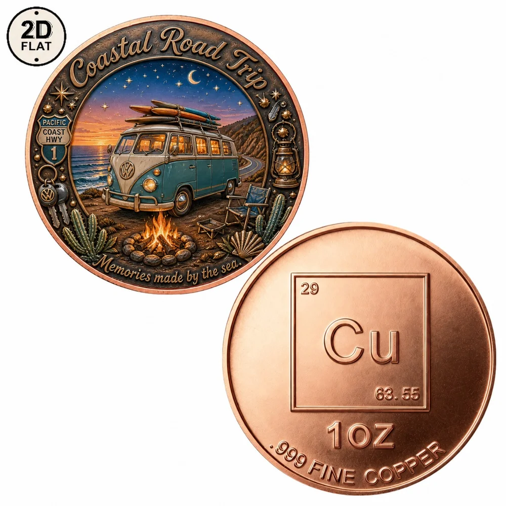 1pc Road Trip Camper Van Challenge Coin Coastal Camp Bus 1oz .999 Fine Copper Collectible Medal Outdoor Travel Adventure Gifts